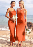 Sheath/Column One-Shoulder Sleeveless Tea-Length Stretch Satin Bridesmaid Dresses with Pleated .co.uk Janet STKP0025297