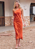 Sheath/Column One-Shoulder Sleeveless Tea-Length Stretch Satin Bridesmaid Dresses with Pleated .co.uk Janet STKP0025297