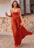 A-line V Neck Sleeveless Floor-Length Stretch Satin Bridesmaid Dresses with Bowknot Pleated Split Mia STKP0025298