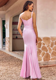 Trumpet/Mermaid V Neck Sleeveless Floor-Length Jersey Bridesmaid Dresses with Pleated Split Natalya STKP0025299