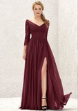 A-line V Neck Full/Long Sleeve Long/Floor-Length Chiffon Bridesmaid Dresses With Lace Split Pleated Abbey STKP0025304