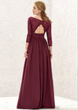 A-line V Neck Full/Long Sleeve Long/Floor-Length Chiffon Bridesmaid Dresses With Lace Split Pleated Abbey STKP0025304