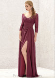 A-line V Neck Full/Long Sleeve Long/Floor-Length Chiffon Bridesmaid Dresses With Lace Split Pleated Abbey STKP0025304