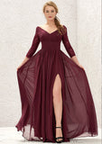 A-line V Neck Full/Long Sleeve Long/Floor-Length Chiffon Bridesmaid Dresses With Lace Split Pleated Abbey STKP0025304