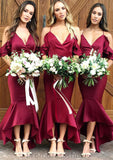 Sleeveless V Neck Asymmetrical Trumpet/Mermaid Charmeuse Bridesmaid Dresseses With Ruffles Lesly STKP0025305