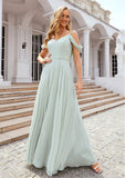 A-line Off-the-Shoulder Sleeveless Long/Floor-Length Chiffon Bridesmaid Dresseses With Pleated Monique STKP0025307