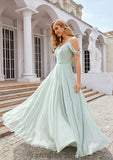 A-line Off-the-Shoulder Sleeveless Long/Floor-Length Chiffon Bridesmaid Dresseses With Pleated Monique STKP0025307