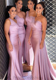 Trumpet/Mermaid One-Shoulder Sleeveless Sweep Train Jersey Bridesmaid Dresses With Pleated Side Draping Amy STKP0025308