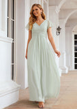 A-line V Neck Short Sleeve Long/Floor-Length Chiffon Bridesmaid Dresses With Pleated Livia STKP0025309