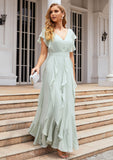 A-line V Neck Short Sleeve Long/Floor-Length Chiffon Bridesmaid Dresses With Pleated Ruffles Sophronia STKP0025316