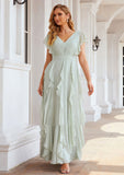 A-line V Neck Short Sleeve Long/Floor-Length Chiffon Bridesmaid Dresses With Pleated Ruffles Sophronia STKP0025316