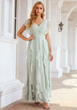 A-line V Neck Short Sleeve Long/Floor-Length Chiffon Bridesmaid Dresses With Pleated Ruffles Sophronia STKP0025316