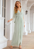 Sheath/Column V Neck 3/4 Sleeve Long/Floor-Length Chiffon Bridesmaid Dresses With Pleated Ina STKP0025318