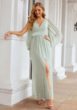 Sheath/Column V Neck 3/4 Sleeve Long/Floor-Length Chiffon Bridesmaid Dresses With Pleated Ina STKP0025318