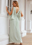 Sheath/Column V Neck 3/4 Sleeve Long/Floor-Length Chiffon Bridesmaid Dresses With Pleated Ina STKP0025318