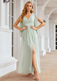 Sheath/Column V Neck 3/4 Sleeve Long/Floor-Length Chiffon Bridesmaid Dresses With Pleated Ina STKP0025318