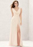 Sleeveless Cowl Neck Sweep Train Chiffon A-line/Princess Bridesmaid Dresses With Split Pleated Janet STKP0025323