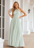 A-line Halter Sleeveless Long/Floor-Length Chiffon Bridesmaid Dresses With Pleated Angelica STKP0025325