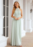 A-line High-Neck Sleeveless Long/Floor-Length Chiffon Bridesmaid Dresses With Pleated Sophronia STKP0025326