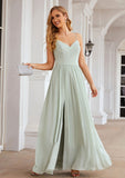 A-line V Neck Sleeveless Long/Floor-Length Chiffon Bridesmaid Dresses With Pleated Split Nathalia STKP0025327