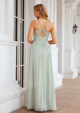 A-line V Neck Sleeveless Long/Floor-Length Chiffon Bridesmaid Dresses With Pleated Split Nathalia STKP0025327