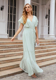 A-line V Neck Short Sleeve Chiffon Long/Floor-Length Bridesmaid Dresses With Pleated Tess STKP0025331