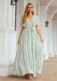 A-line V Neck Short Sleeve Chiffon Long/Floor-Length Bridesmaid Dresses With Pleated Tess STKP0025331