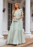 A-line V Neck Short Sleeve Chiffon Long/Floor-Length Bridesmaid Dresses With Pleated Tess STKP0025331