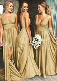 A-Line/Princess V-Neck Sweep Train Jersey Bridesmaid Dresses With Split Front Pleated Waistband Kim STKP0025336