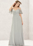 A-line Sweetheart Short Sleeve Long/Floor-Length Chiffon Bridesmaid Dresses With Pleated Kennedy STKP0025338