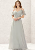 A-line Sweetheart Short Sleeve Long/Floor-Length Chiffon Bridesmaid Dresses With Pleated Kennedy STKP0025338