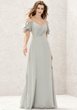 A-line Sweetheart Short Sleeve Long/Floor-Length Chiffon Bridesmaid Dresses With Pleated Kennedy STKP0025338