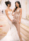 Sleeveless V Neck Long/Floor-Length A-line/Princess Sequined Bridesmaid Dresses With Pleated Mimi STKP0025341