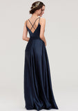 V Neck Sleeveless Long/Floor-Length Satin A-line/Princess Bridesmaid Dresseses Marlee STKP0025345