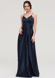 V Neck Sleeveless Long/Floor-Length Satin A-line/Princess Bridesmaid Dresseses Marlee STKP0025345