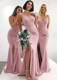 Trumpet/Mermaid V Neck Sleeveless Long/Floor-Length Elastic Satin Bridesmaid Dresses With Pleated Split Kailey STKP0025347