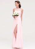 Sleeveless Scoop Neck Chiffon A-line/Princess Long/Floor-Length Bridesmaid Dresseses With Split Lace Tess STKP0025349