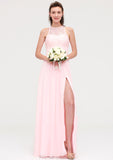 Sleeveless Scoop Neck Chiffon A-line/Princess Long/Floor-Length Bridesmaid Dresseses With Split Lace Tess STKP0025349