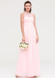 Sleeveless Scoop Neck Chiffon A-line/Princess Long/Floor-Length Bridesmaid Dresseses With Split Lace Tess STKP0025349