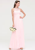 Sleeveless Scoop Neck Chiffon A-line/Princess Long/Floor-Length Bridesmaid Dresseses With Split Lace Tess STKP0025349