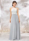 Scoop Neck A-line/Princess Sleeveless Chiffon Long/Floor-Length Bridesmaid Dresses With Lace Jamiya STKP0025350