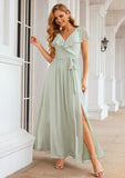 A-line V Neck Short Sleeve Long/Floor-Length Chiffon Bridesmaid Dresses With Sashes Ruffles Kim STKP0025352