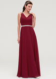 V Neck Sleeveless Chiffon A-line/Princess Long/Floor-Length Bridesmaid Dresseses With Waistband Beading Pleated Princess STKP0025355