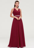 V Neck Sleeveless Chiffon A-line/Princess Long/Floor-Length Bridesmaid Dresseses With Waistband Beading Pleated Princess STKP0025355