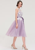 Bateau Sleeveless Organza Knee-Length A-line/Princess Bridesmaid Dresses With Sashes Lace Thea STKP0025358