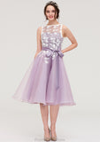 Bateau Sleeveless Organza Knee-Length A-line/Princess Bridesmaid Dresses With Sashes Lace Thea STKP0025358