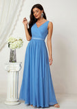 A-line V Neck Sleeveless Chiffon Long/Floor-Length Bridesmaid Dresses With Pleated Salome STKP0025360