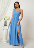 A-line V Neck Sleeveless Chiffon Long/Floor-Length Bridesmaid Dresses With Split Pleated Maureen STKP0025362