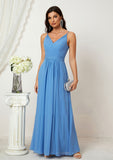 A-line V Neck Sleeveless Chiffon Long/Floor-Length Bridesmaid Dresses With Split Pleated Maureen STKP0025362