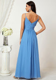 A-line V Neck Sleeveless Chiffon Long/Floor-Length Bridesmaid Dresses With Split Pleated Maureen STKP0025362